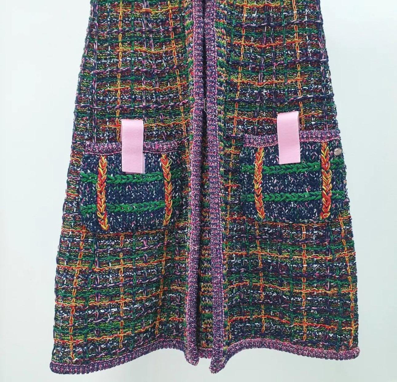 Runway multicolour tweed long hooded vest jacket from 2017 spring (Techno) Collection by Karl Lagerfeld.
 Very rare and sought for. 
Size 40
CC logo adornment at hip
Two front patch pockets with velcro fastening 
Condition is excellent