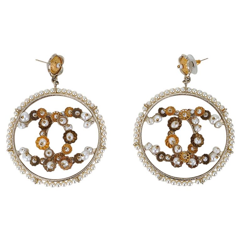 Chanel Hoop Faux Pearl CC Earrings A18 at 1stDibs