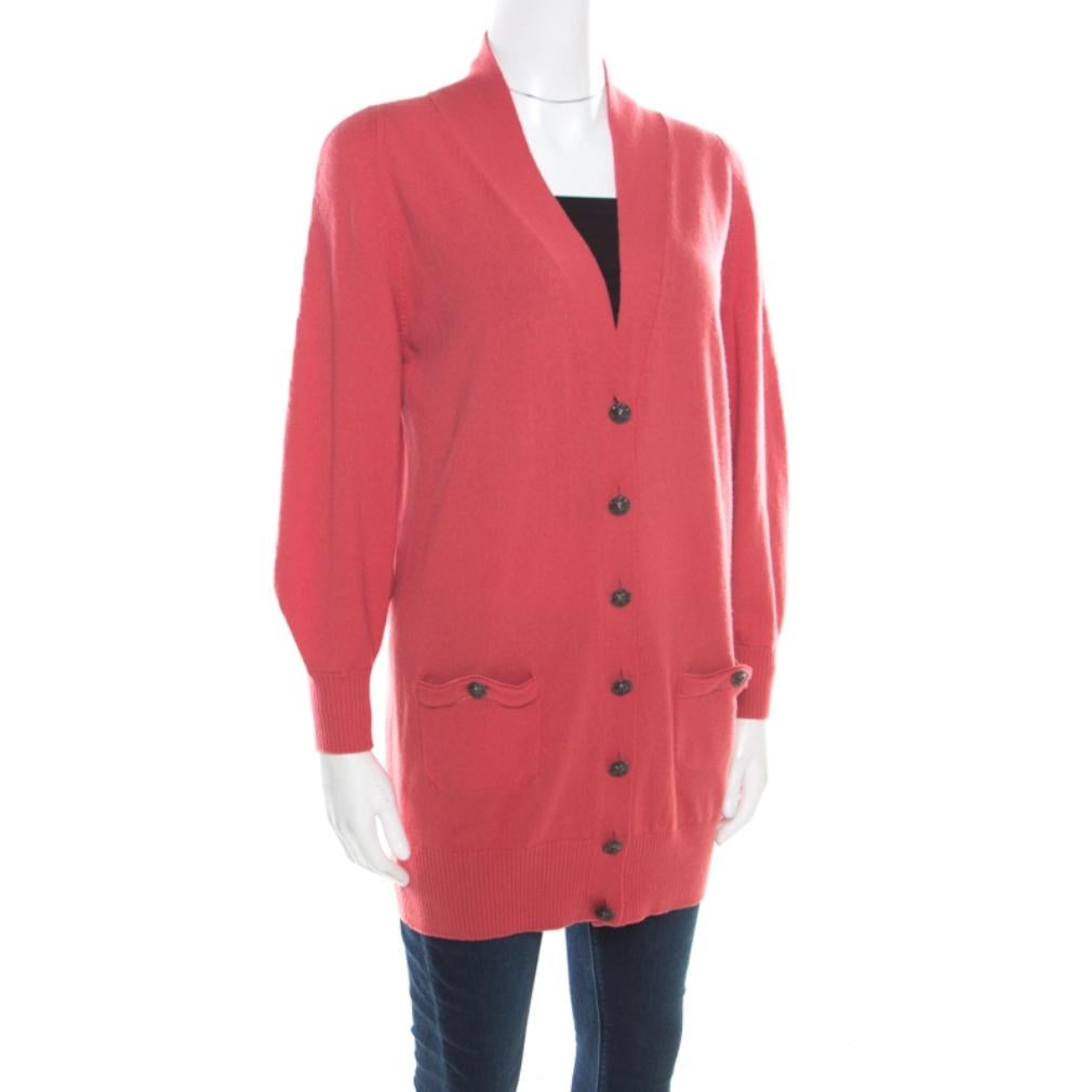 Red Chanel Hot Coral Cashmere Button Front Cardigan M