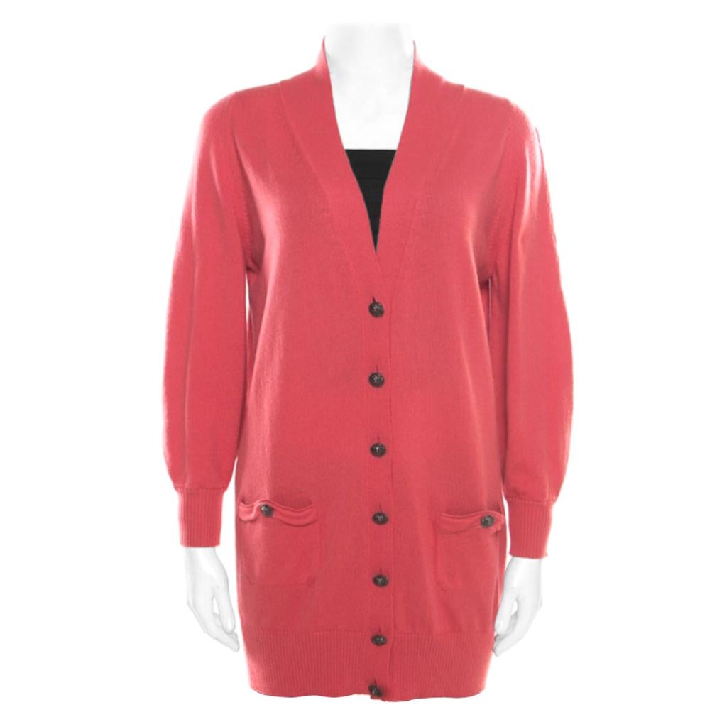 Chanel Hot Coral Cashmere Button Front Cardigan M