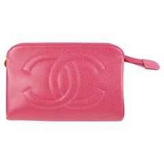 Chanel Hot Pink Caviar Leather CC Logo Cosmetic Pouch Make Up Case 48cz414s