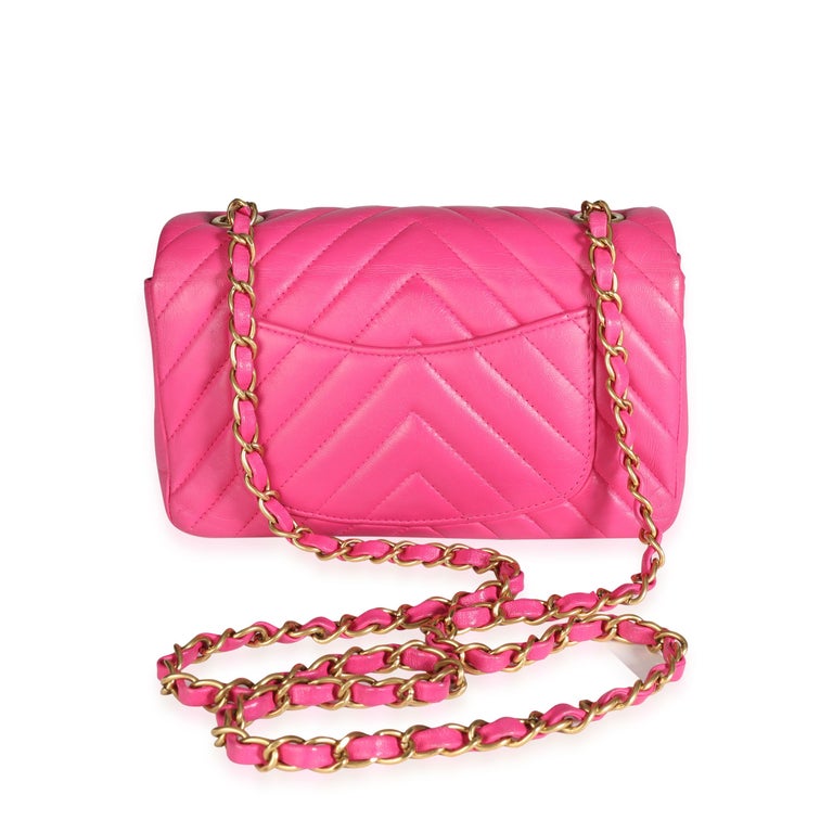 Chanel Hot Pink Chevron Quilted Lambskin Mini Rectangular Flap Bag For ...