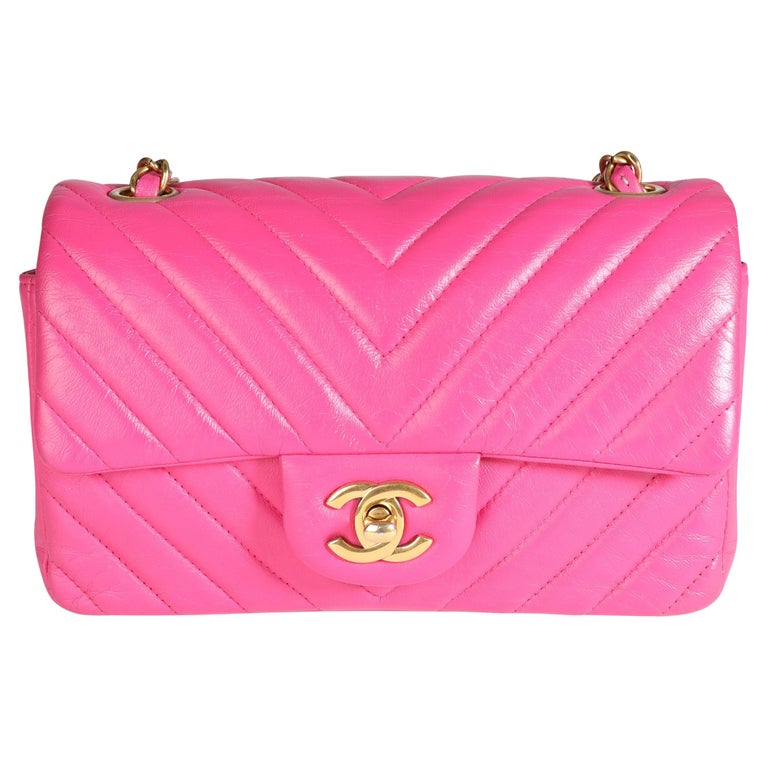 Chanel Hot Pink Chevron Quilted Lambskin Mini Rectangular Flap Bag For ...