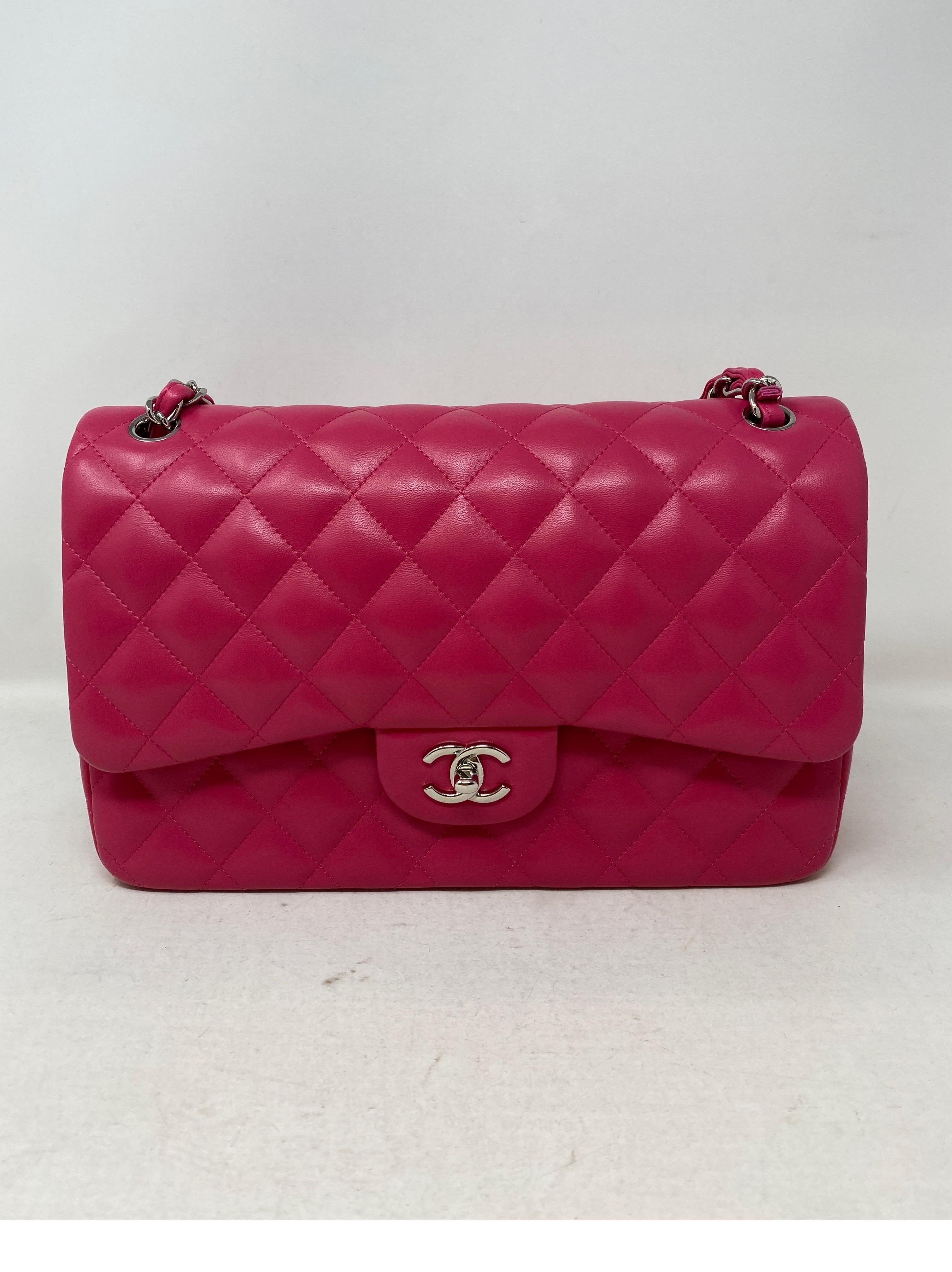 Chanel Jumbo Hot Pink Bag. Lambskin leather. Silver hardware. Good condition. Light wear. Please see photos. Interior clean. Double flap bag. Includes authenticity card and dust cover. Guaranteed authentic.