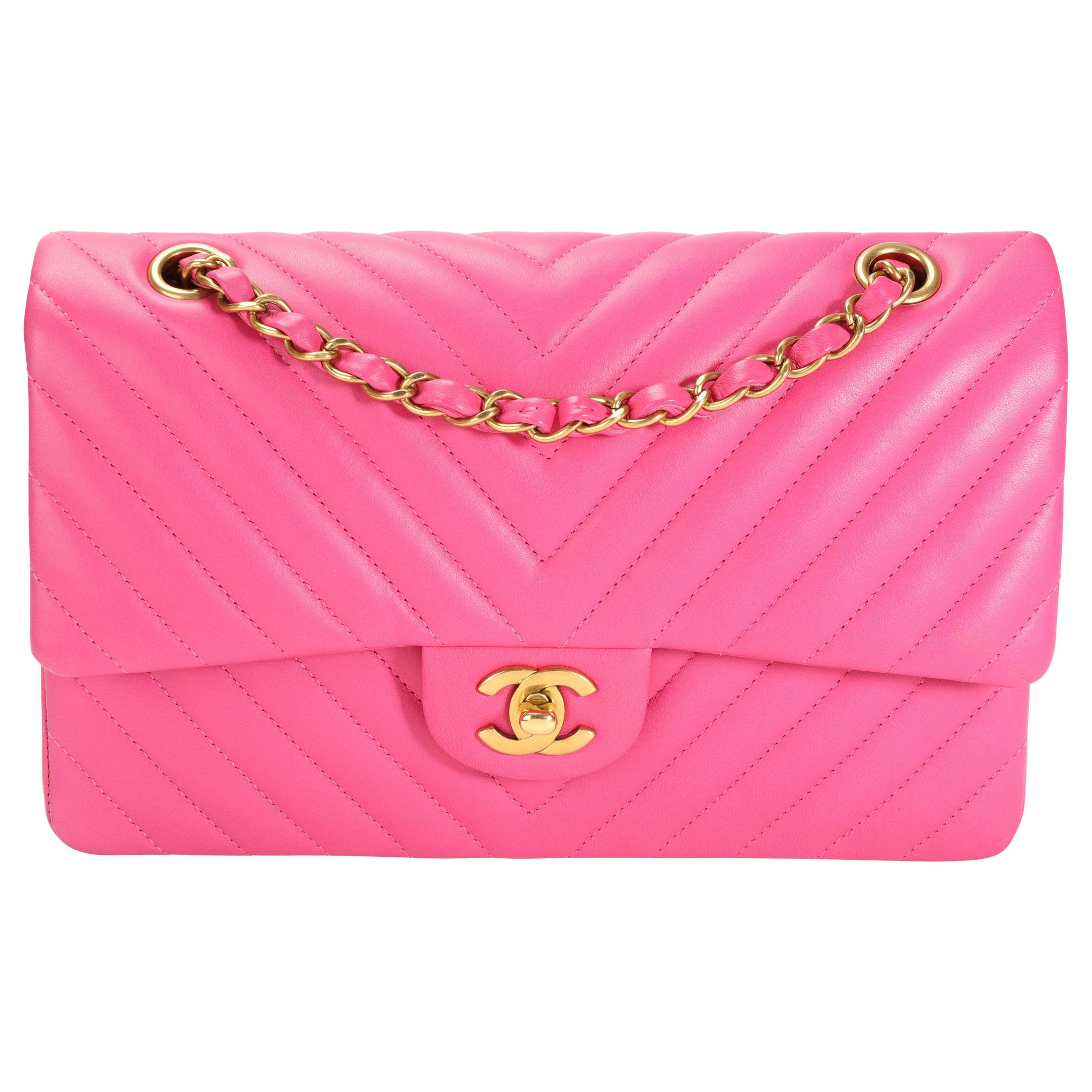 Chanel Hot Pink Lambskin Chevron Quilted Medium Classic Double Flap Bag