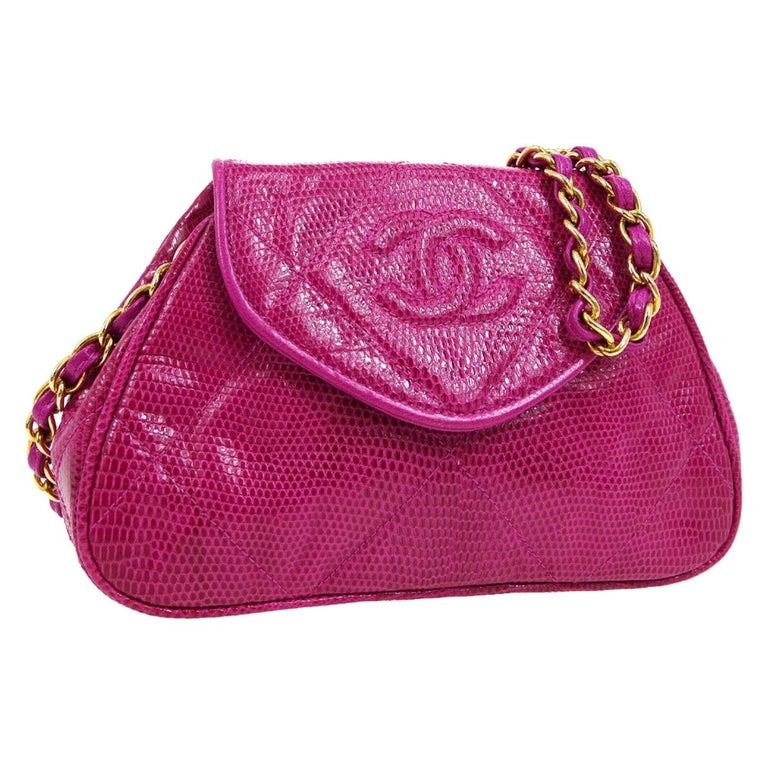 Chanel Hot Pink Lizard Exotic Gold Party Evening Small Mini Shoulder Flap  Bag