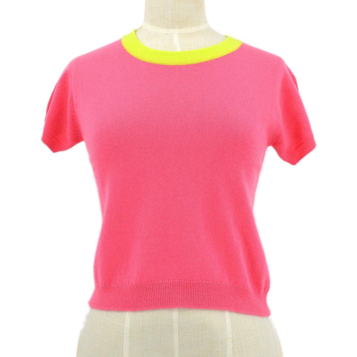 CHANEL Jersey de punto de cachemira con logotipo rosa neón amarillo - Talla FR 40 en venta 1