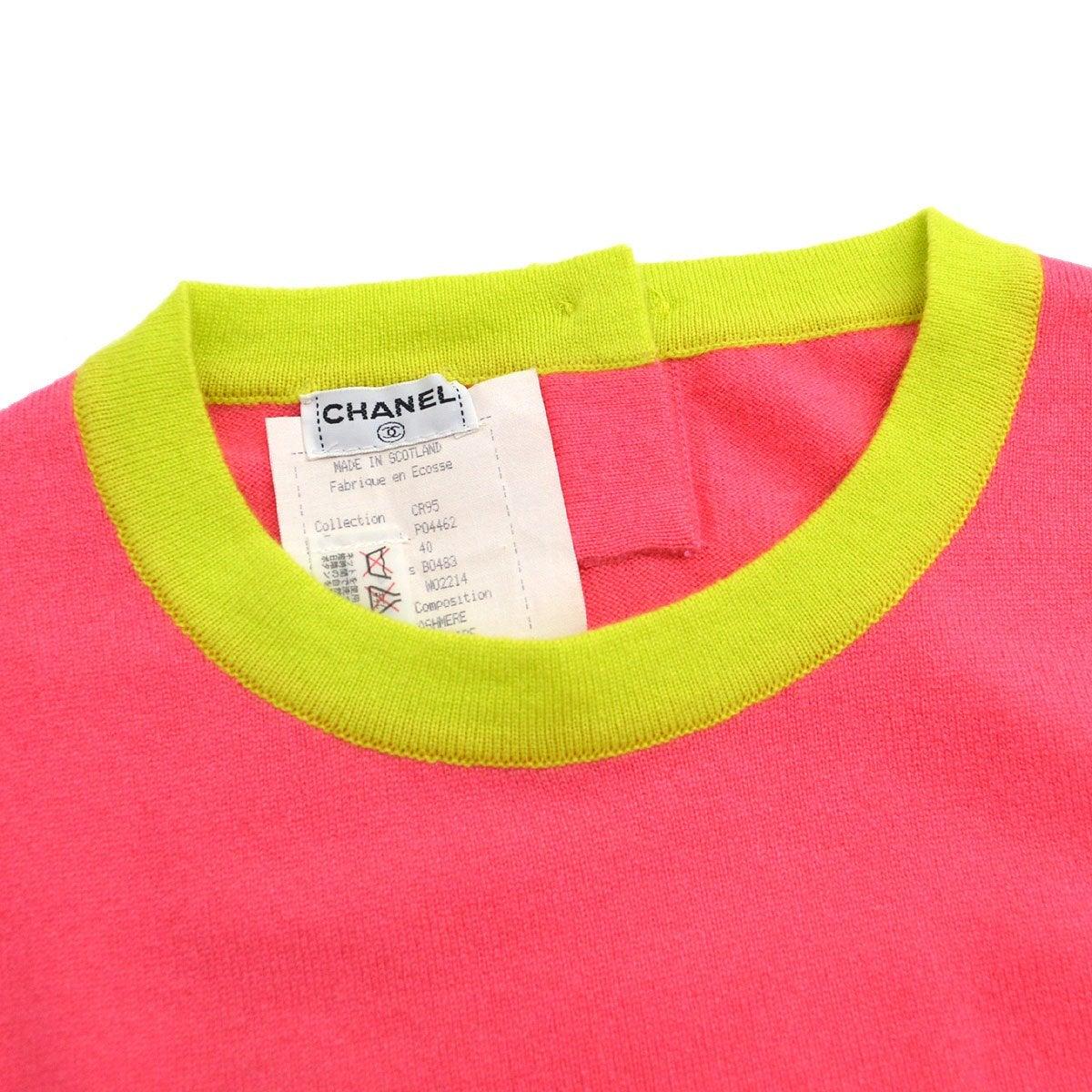 CHANEL Jersey de punto de cachemira con logotipo rosa neón amarillo - Talla FR 40 en venta 2