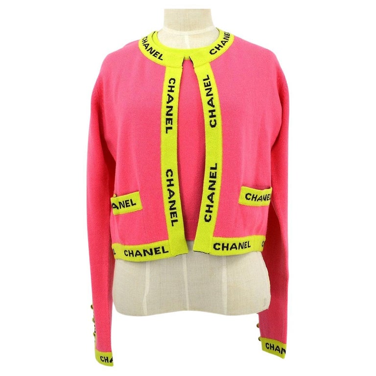 CHANEL Hot Pink Neon Yellow Logo Cashmere Knit Cardigan Sweater