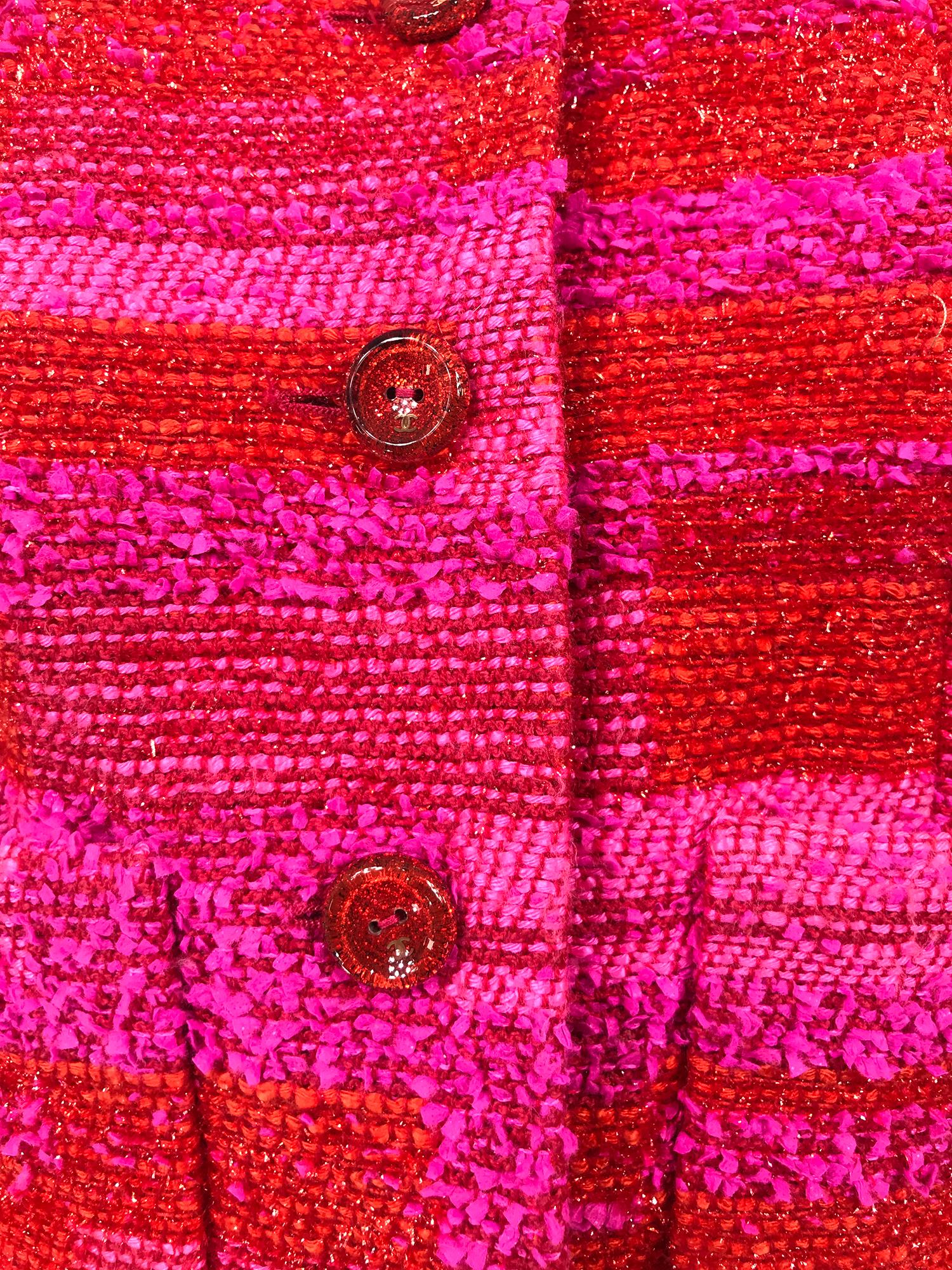 Chanel Hot Pink Orange Gold Metallic Thread Cropped Jacket 2001C 3