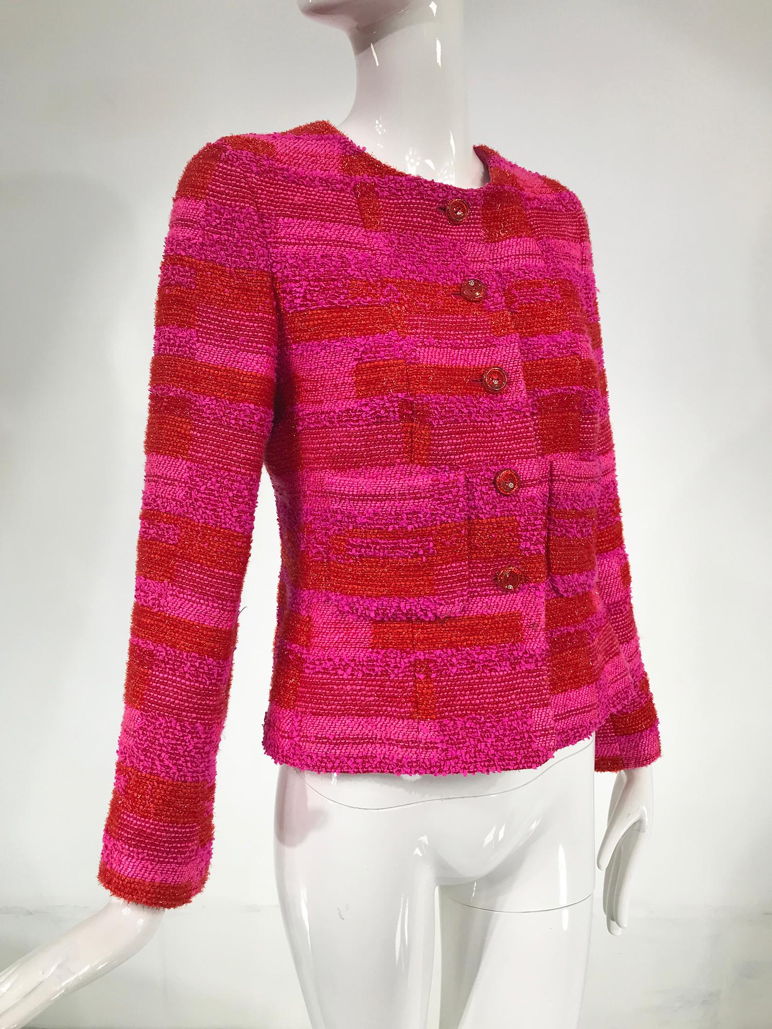 Chanel Hot Pink Orange Gold Metallic Thread Cropped Jacket 2001C at ...