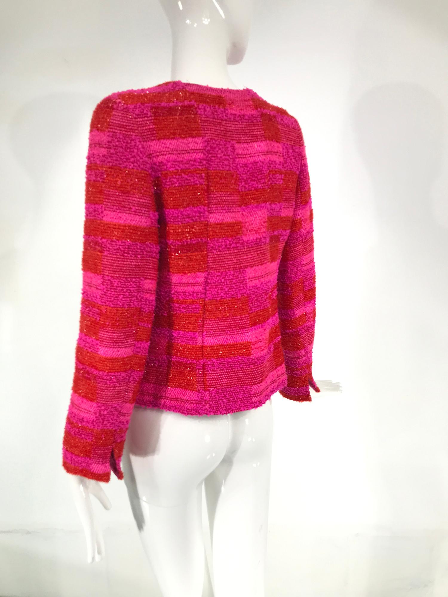 Chanel Hot Pink Orange Gold Metallic Thread Cropped Jacket 2001C In Good Condition In West Palm Beach, FL