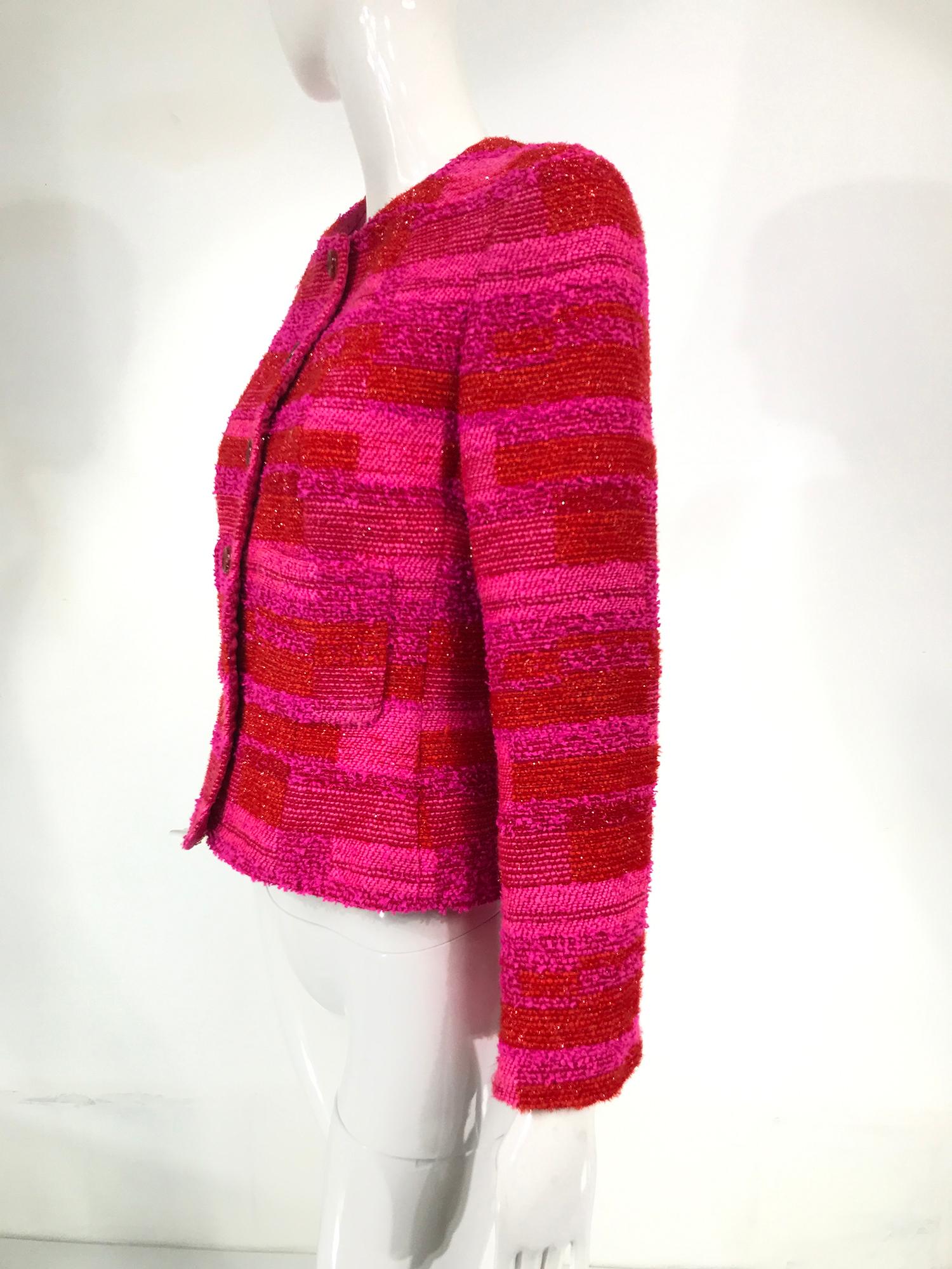 Chanel Hot Pink Orange Gold Metallic Thread Cropped Jacket 2001C 1