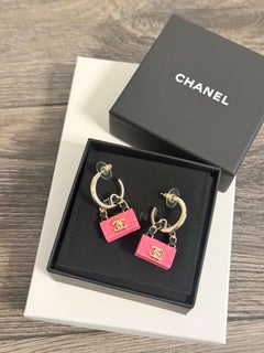 CHANEL Hot Pink Quilted CC Bag Charm Dangle Earrings