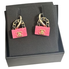 CHANEL Hot Pink Quilted CC Bag Charm Dangle Earrings