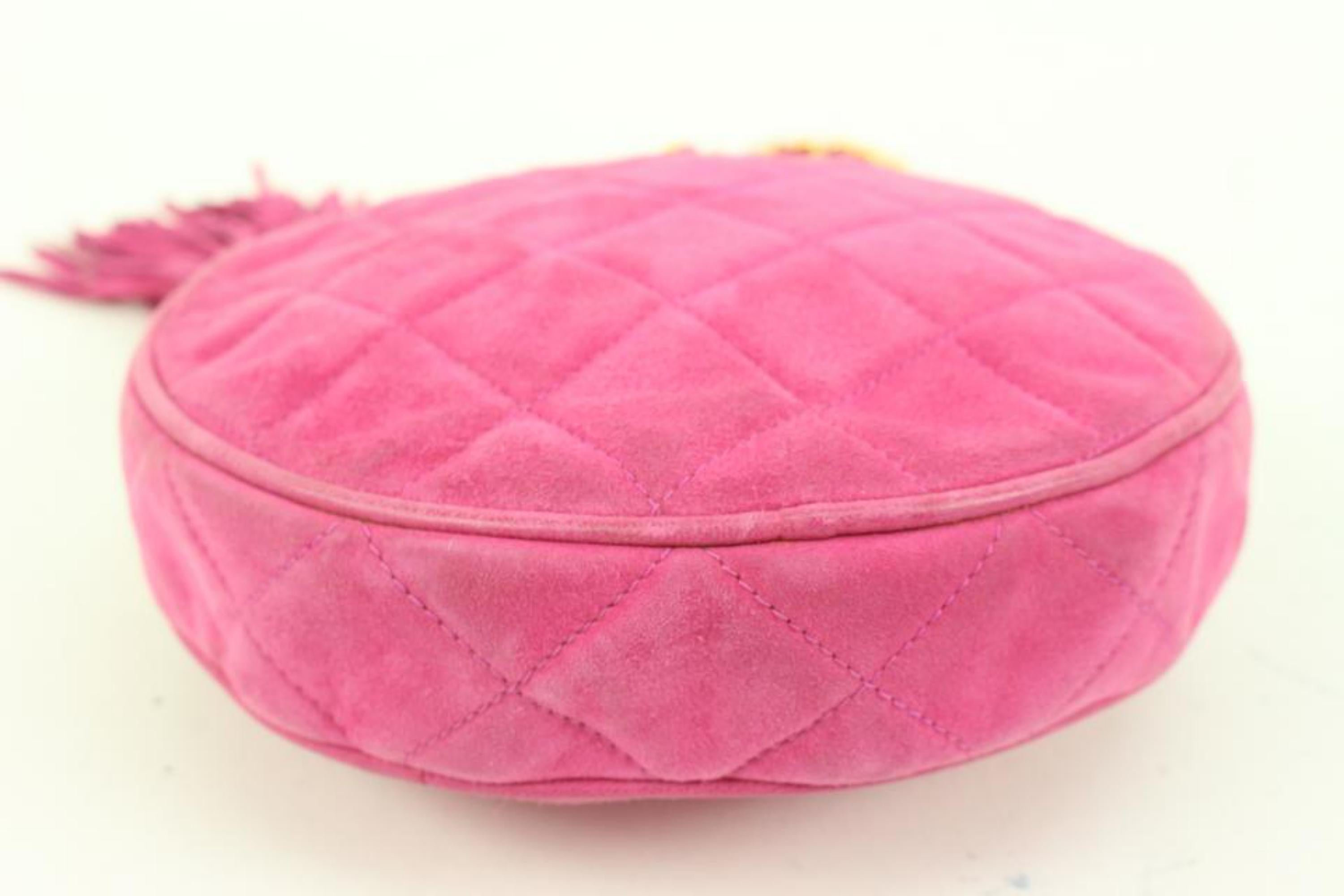 Chanel Hot Pink Quilted Suede Fringe Tassel Round Clutch on Chain88cz425s For Sale 4