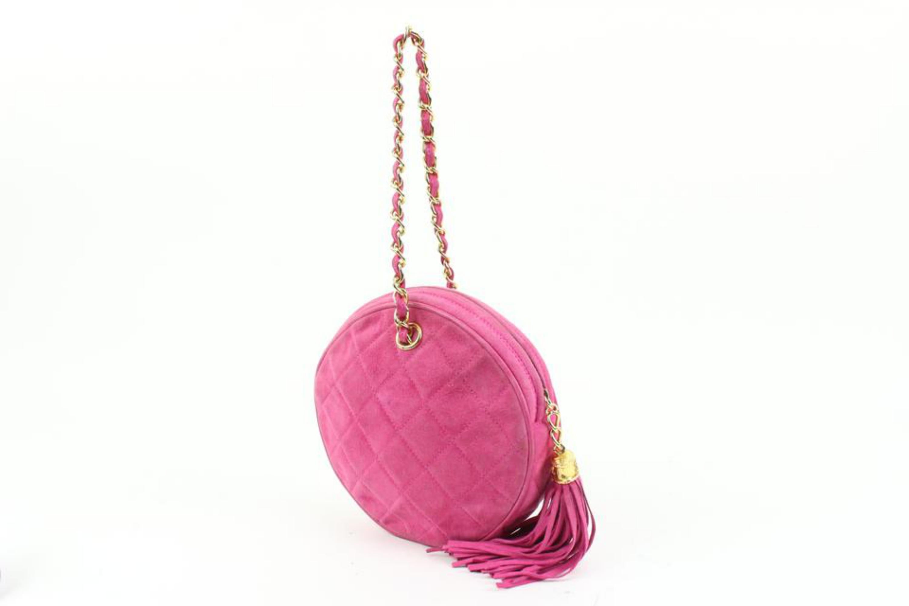 Chanel Hot Pink Quilted Suede Fringe Tassel Round Clutch on Chain 88cz425s
Date Code/Serial Number: 0888891
Made In: Italy
Measurements: Length:  6.2