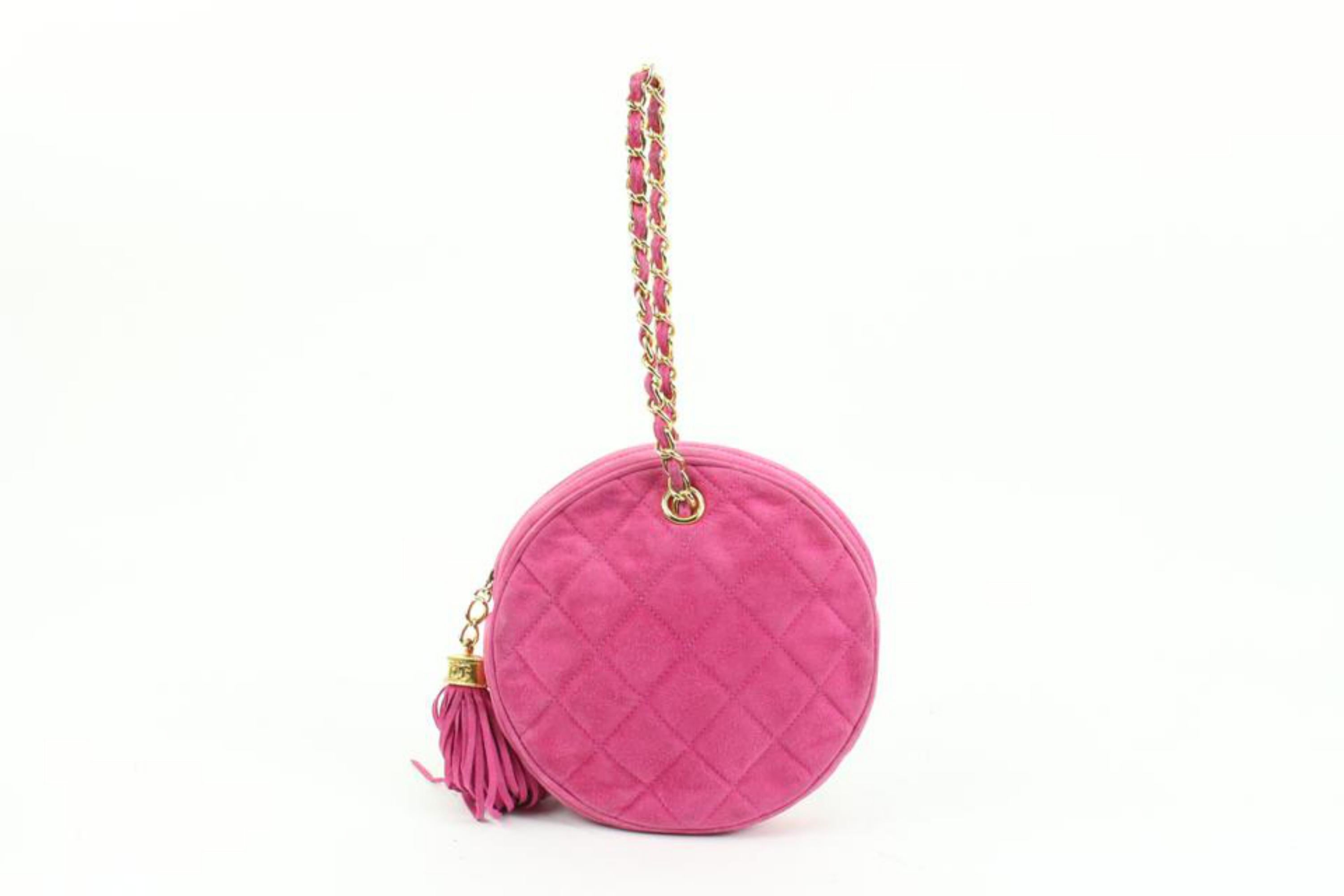 Chanel Hot Pink Quilted Suede Fringe Tassel Round Clutch on Chain88cz425s For Sale 1
