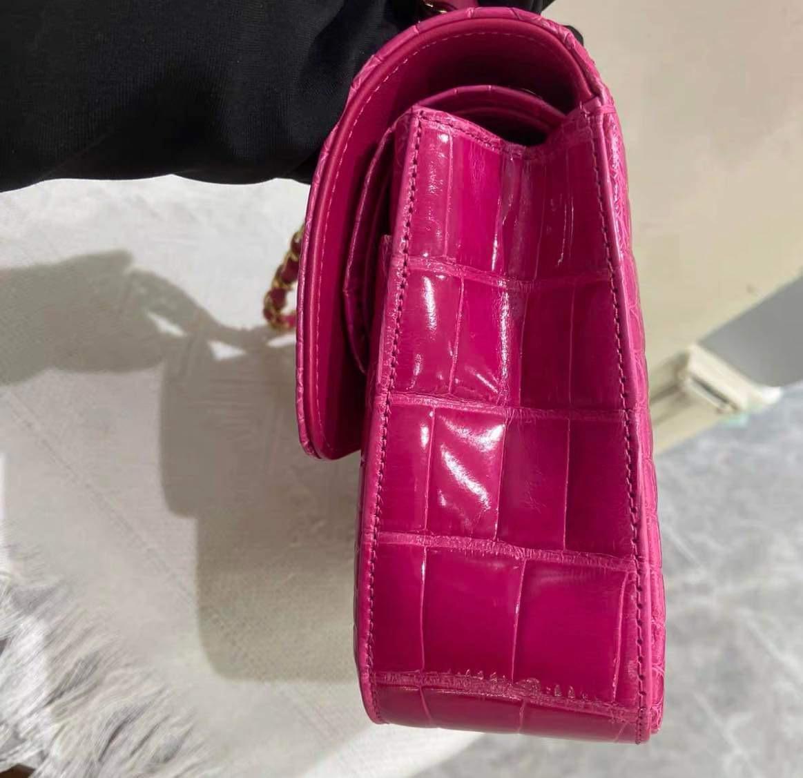 Chanel Hot Pink Shiny Alligator Jumbo Double Flap Bag with Gold Hardware For Sale 9