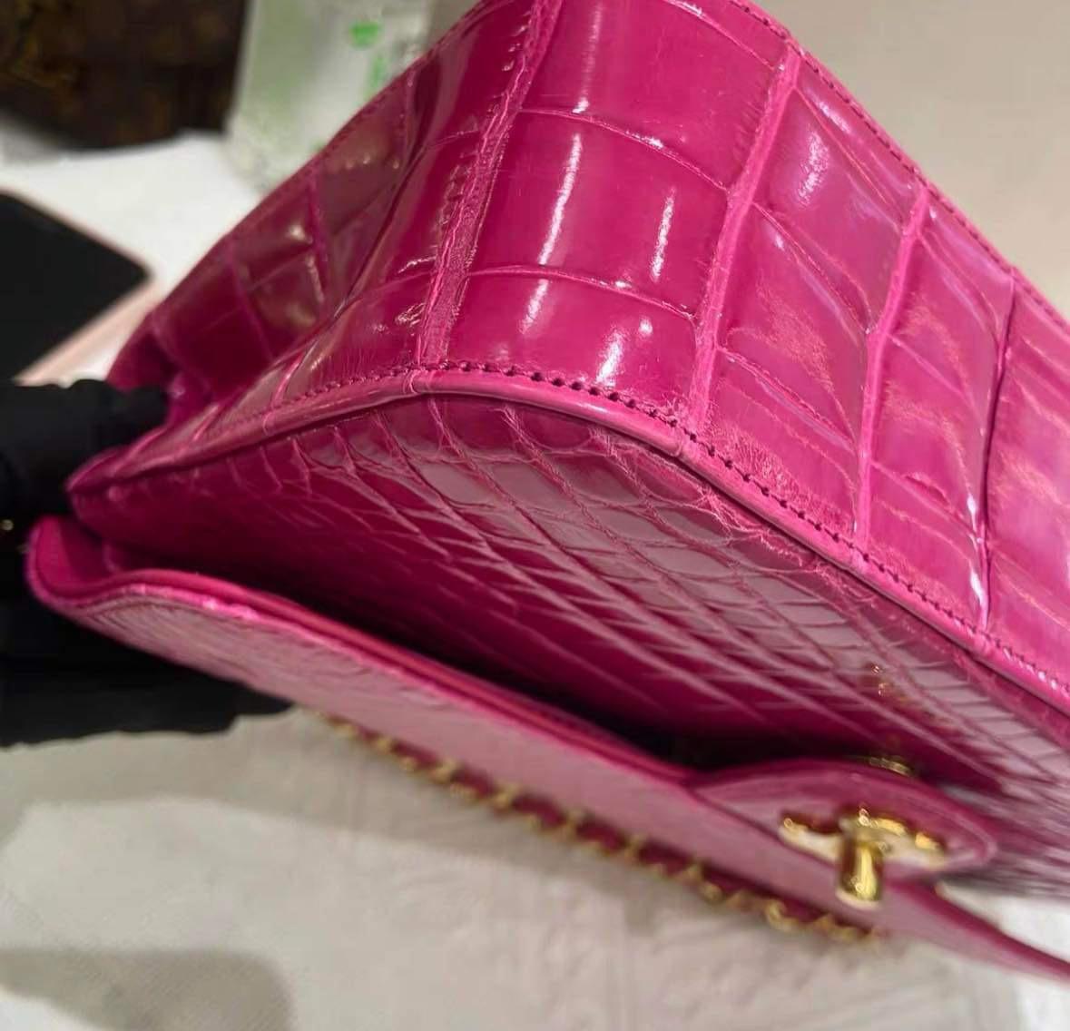 Chanel Hot Pink Shiny Alligator Jumbo Double Flap Bag with Gold Hardware For Sale 10