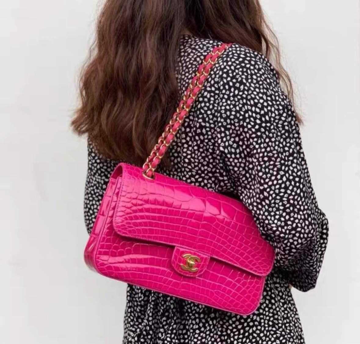 Chanel Hot Pink Shiny Alligator Jumbo Double Flap Bag with Gold Hardware For Sale 11