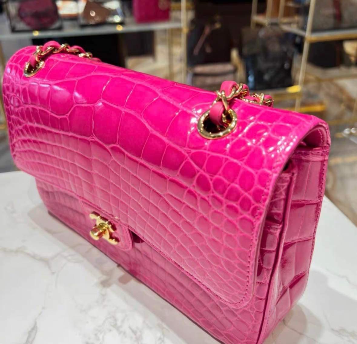 Chanel Hot Pink Shiny Alligator Jumbo Double Flap Bag with Gold Hardware For Sale 13