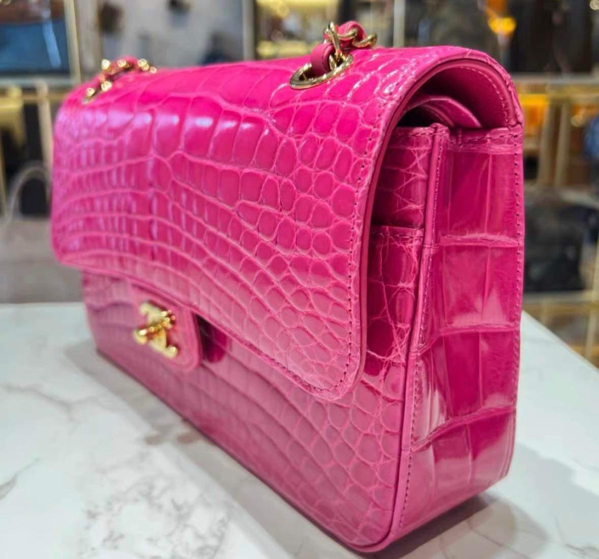 Chanel Hot Pink Shiny Alligator Jumbo Double Flap Bag with Gold Hardware For Sale 14
