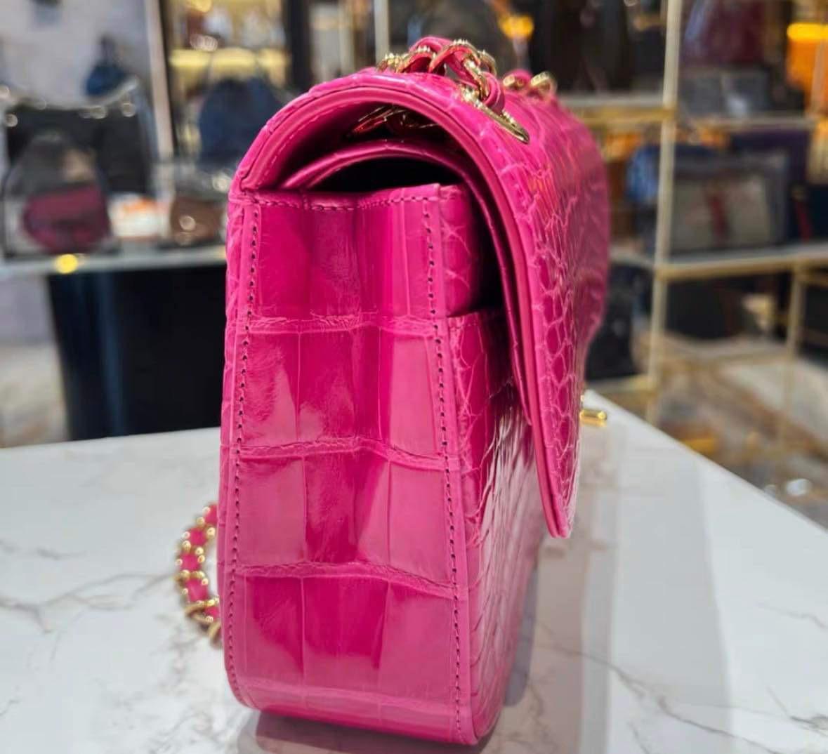 Chanel Hot Pink Shiny Alligator Jumbo Double Flap Bag with Gold Hardware For Sale 1