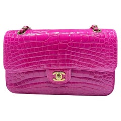 Antique Chanel Hot Pink Shiny Alligator Jumbo Double Flap Bag with Gold Hardware