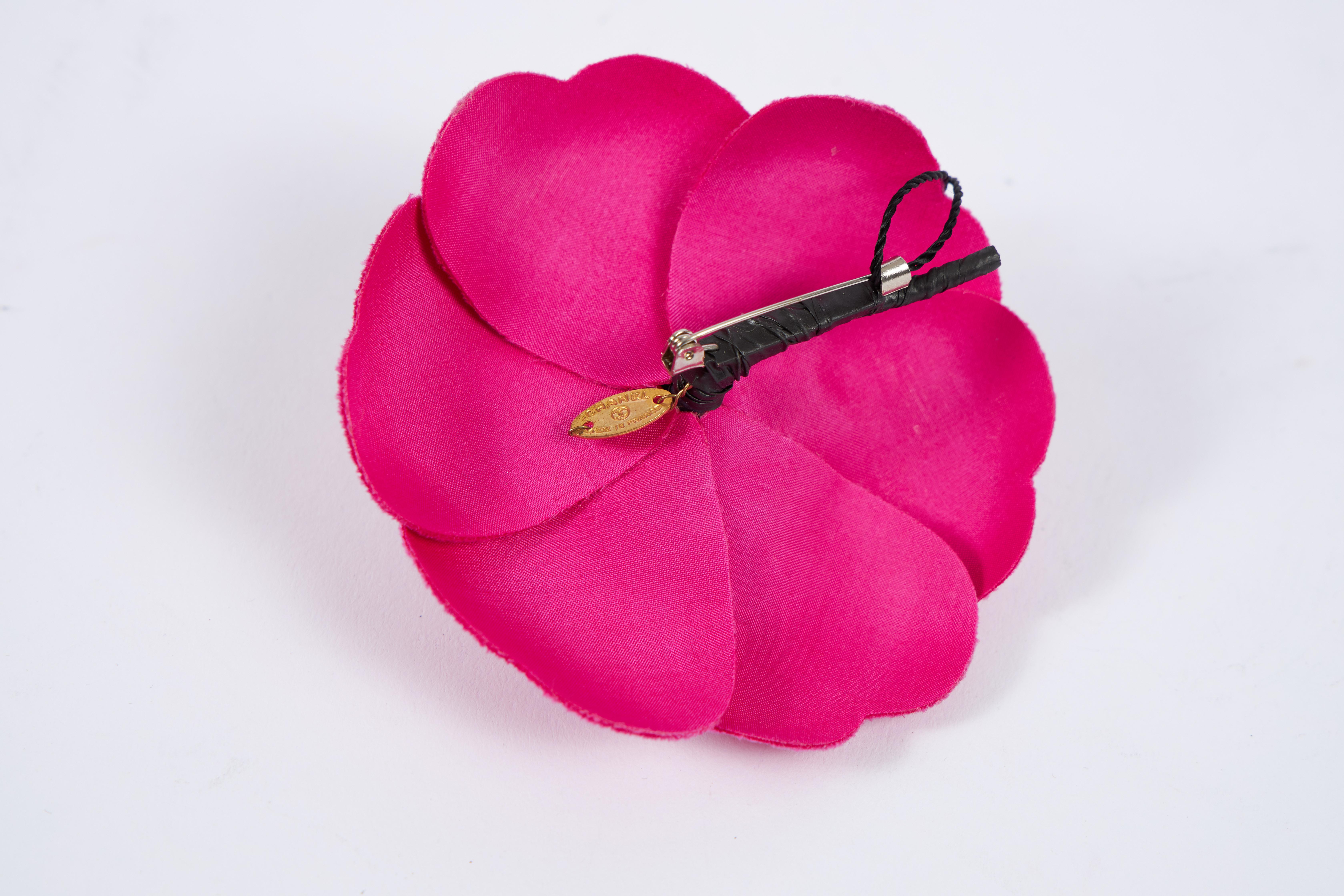 Chanel Hot Pink Silk Camellia Pin with Box In Excellent Condition In West Hollywood, CA