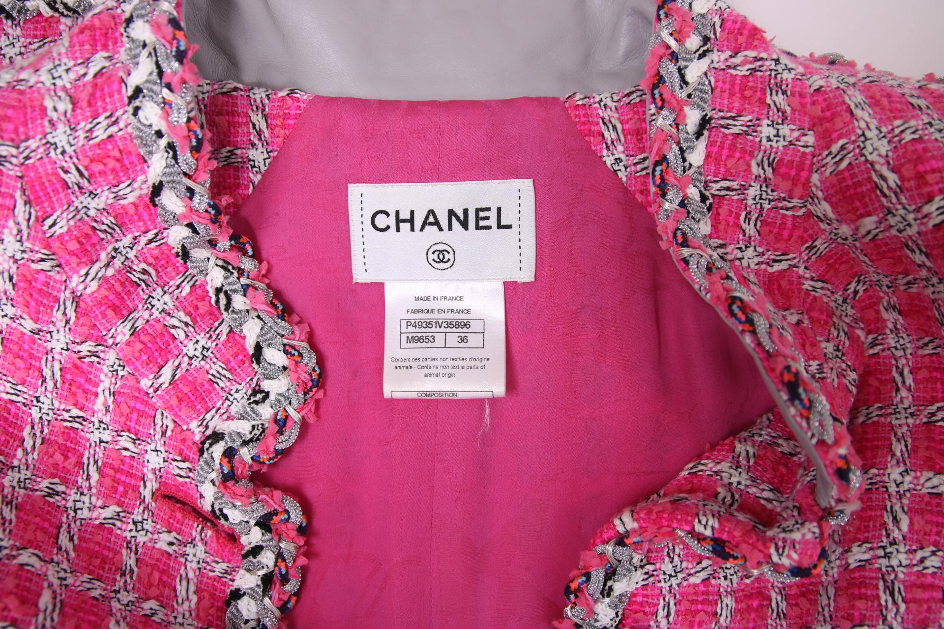 Purple Chanel Hot Pink Tweed Sleeveless Mini Dress w/Metallic Silver Trim Ca. 2014