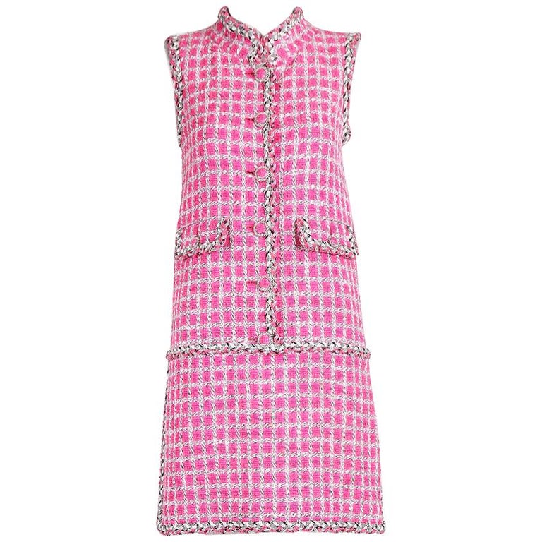 Chanel Hot Pink Tweed Sleeveless Mini Dress w/Metallic Silver Trim Ca. 2014