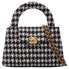 Chanel Houndstooth Black White Tweed Kelly Shopper Bag Small