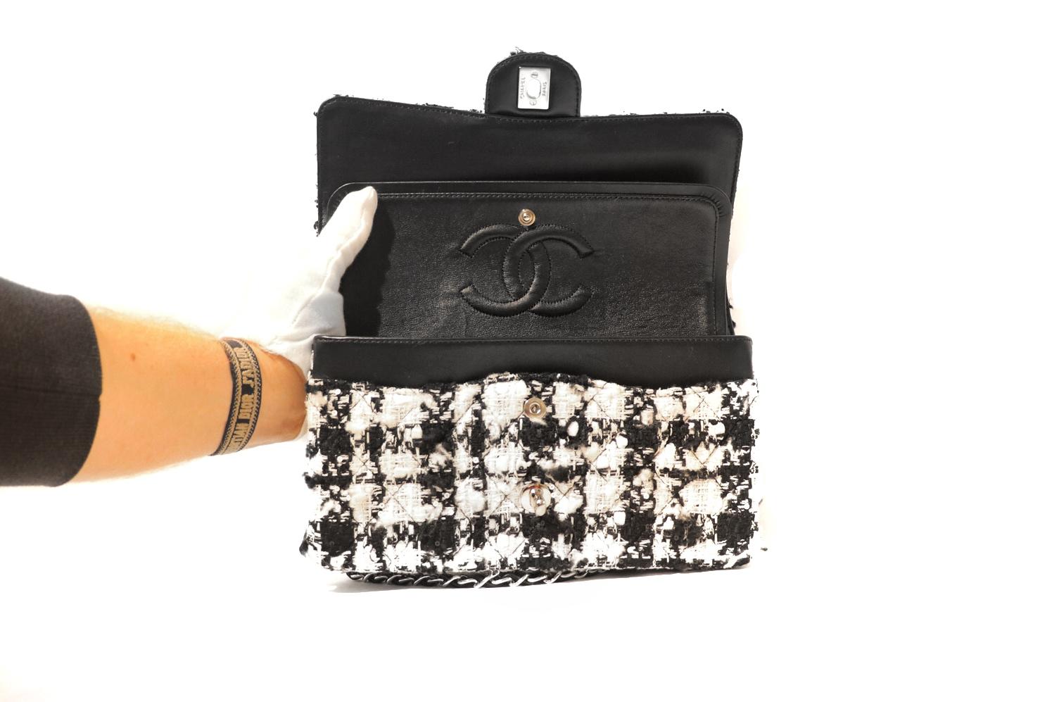 Black Chanel Houndstooth Tweed Double Flap Bag