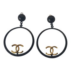 Chanel Huge Matte Black 
Gold Hoop Ear Clips 93P
