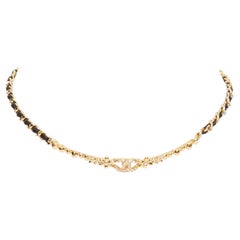 CHANEL I23A crystal strass pave leather chain interweave choker necklace