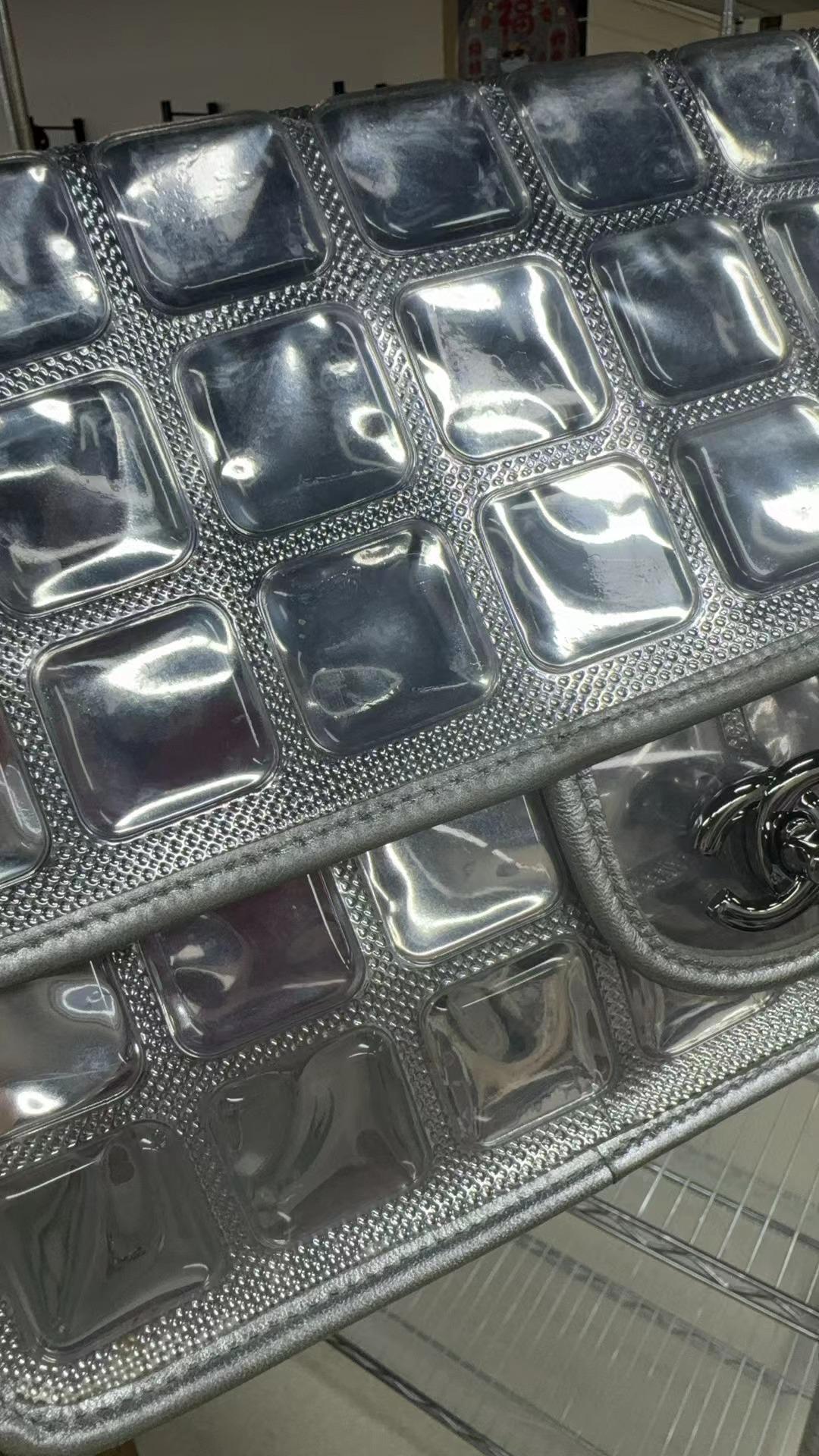 Chanel Ice Cube Chocolate Bar Classic Flap Metallic Silver PVC with Leather 6