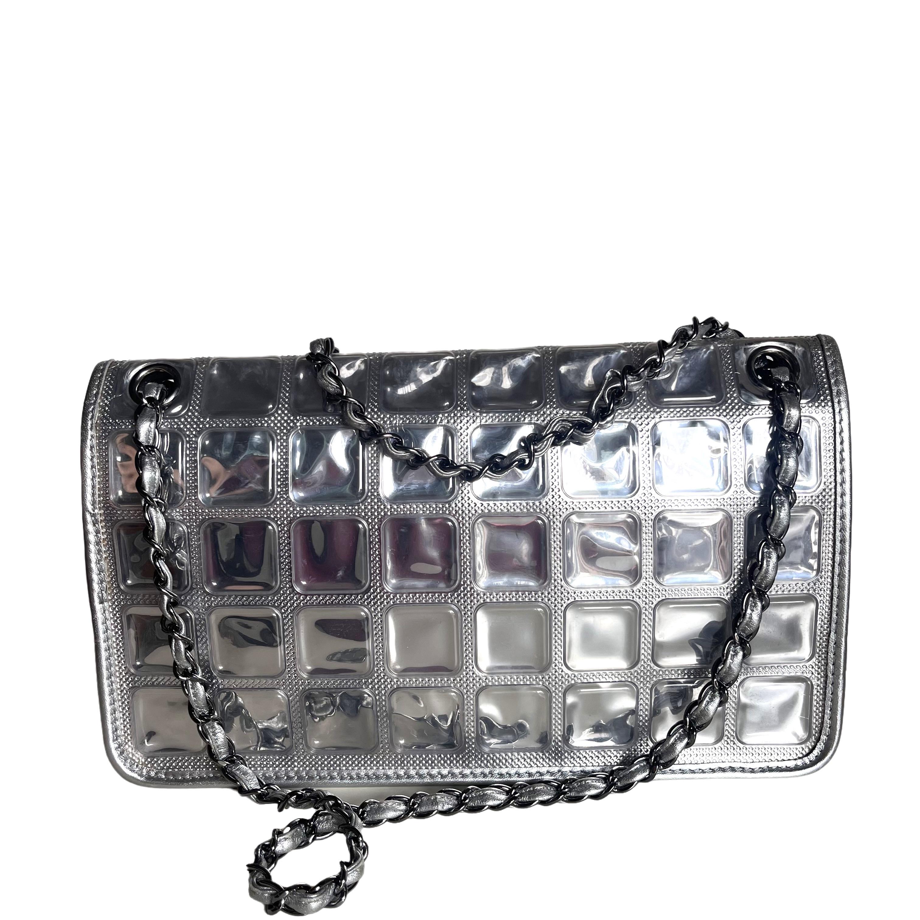 Chanel Ice Cube Chocolate Bar Classic Flap Metallic Silver PVC with Leather In Excellent Condition In AUBERVILLIERS, FR