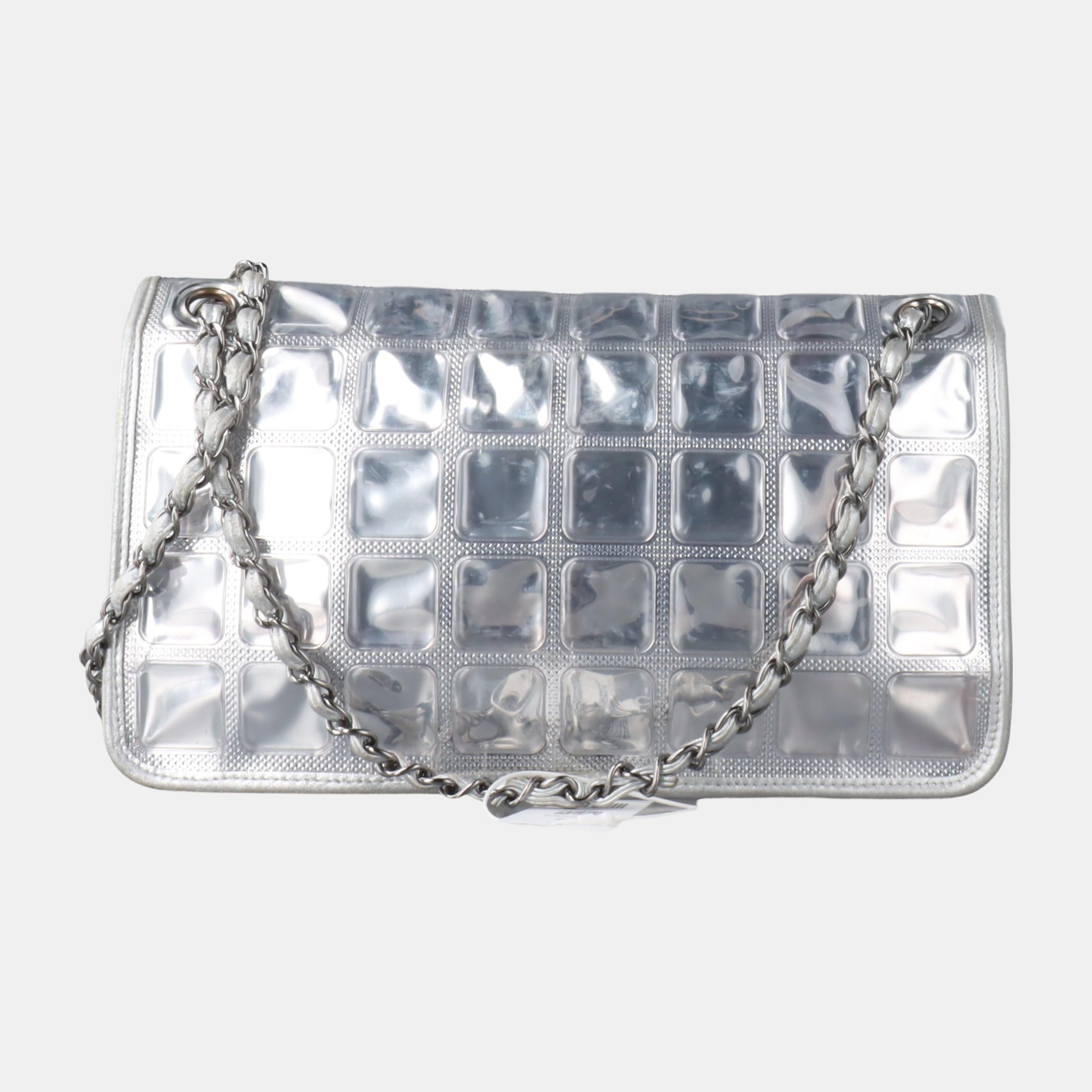 Women's Chanel Ice Cube Chocolate Bar Classic Flap Metallic Silver PVC with Leather For Sale