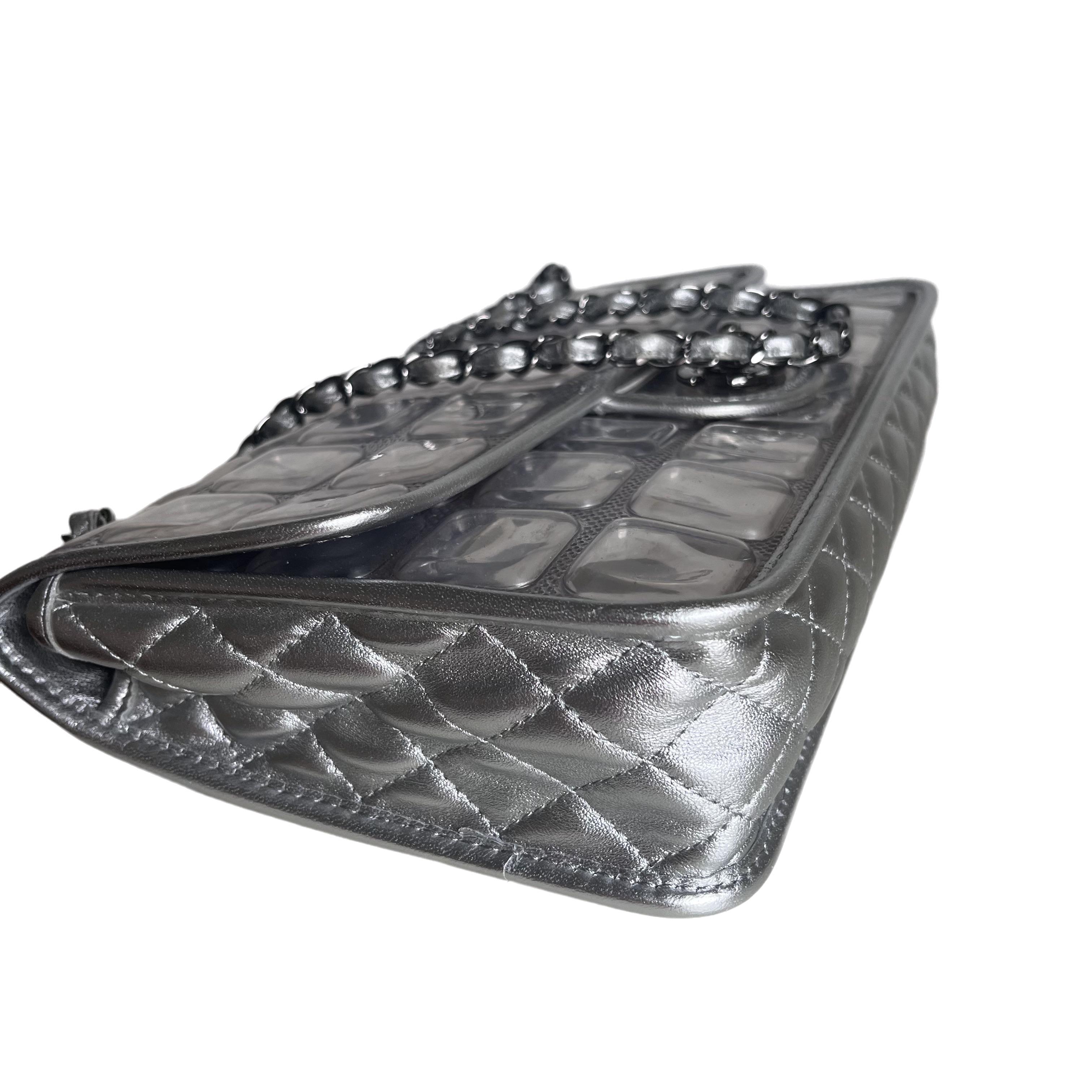 Women's Chanel Ice Cube Chocolate Bar Classic Flap Metallic Silver PVC with Leather