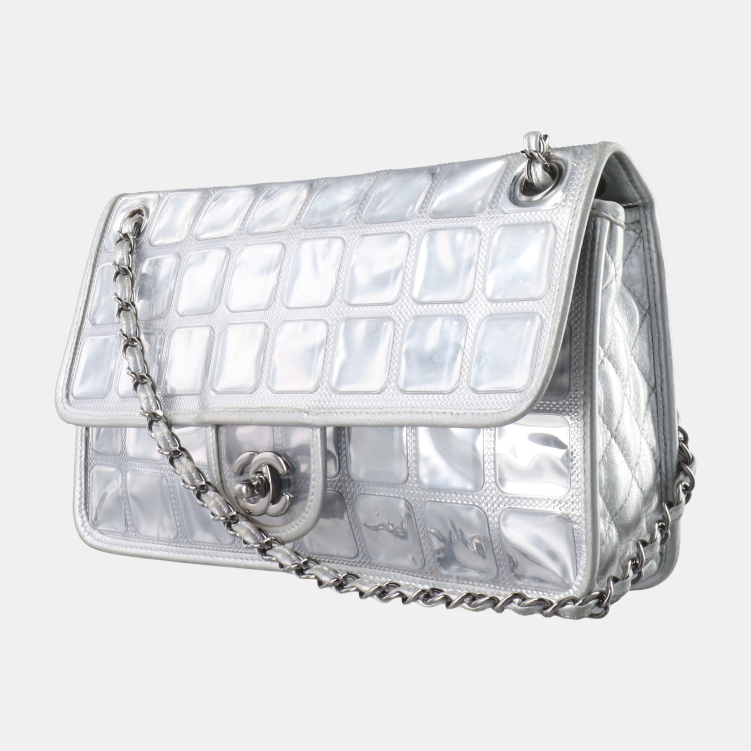 Chanel Ice Cube Chocolate Bar Classic Flap Metallic Silver PVC with Leather For Sale 1