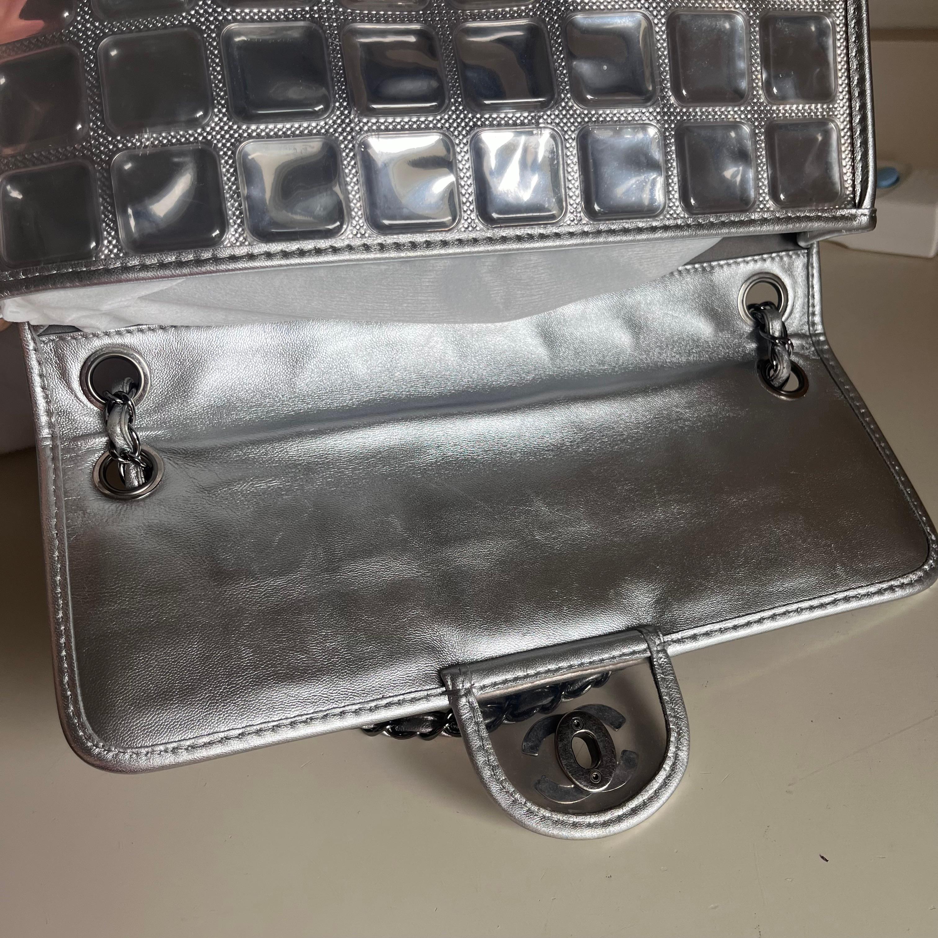 Chanel Ice Cube Chocolate Bar Classic Flap Metallic Silver PVC with Leather 5