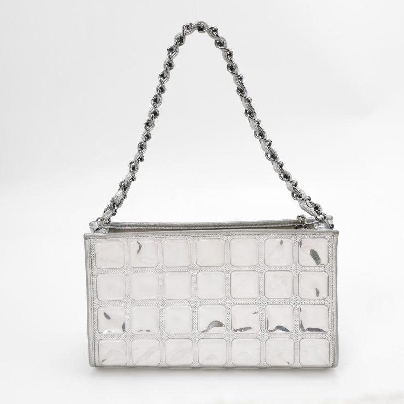 Women's Chanel Ice Cube Chocolate Bar Clutch Metallic Silver PVC w/ Leather Shoulder Bag