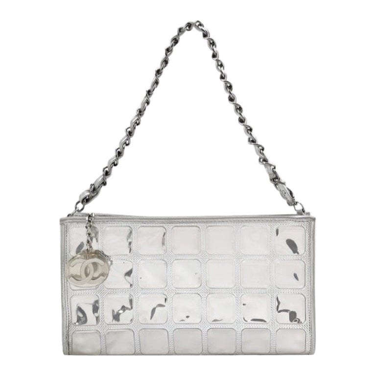 Chanel Ice Cube Chocolate Bar Clutch Metallic Silver PVC w/ Leather Shoulder Bag