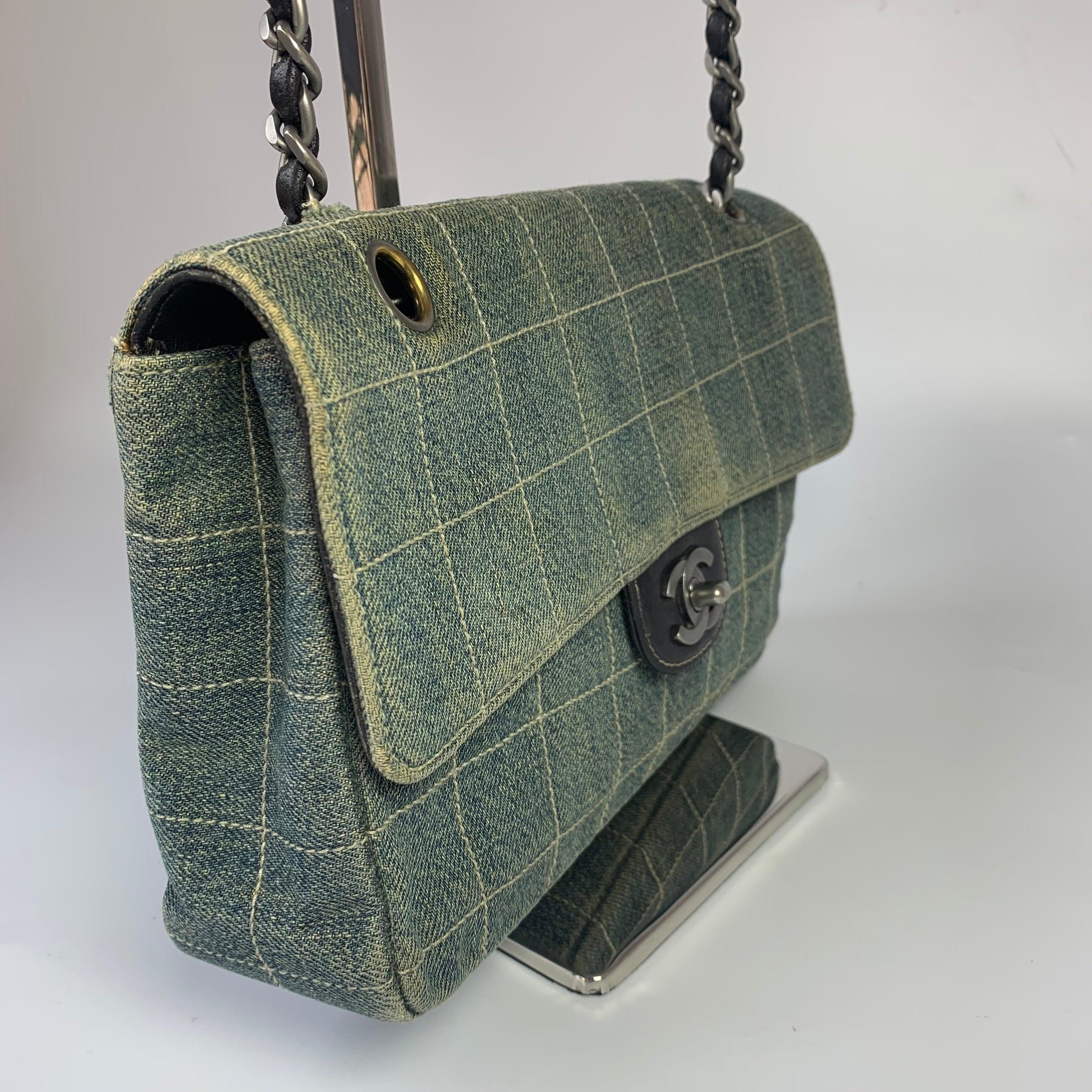 Black Chanel Ice Cube Chocolate Bar Medium Classic Flap Denim Green