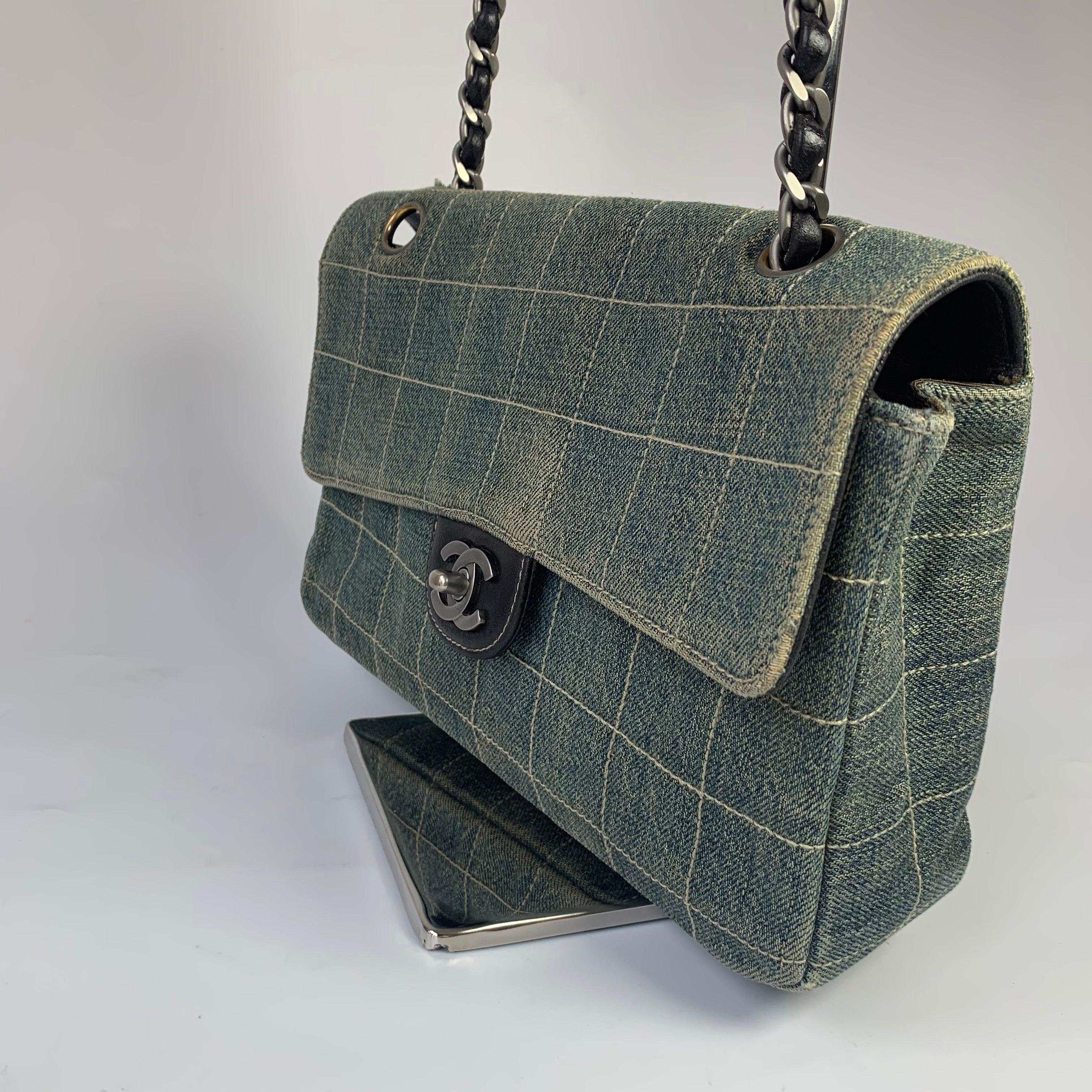 Chanel Ice Cube Chocolate Bar Medium Classic Flap Denim Green In Excellent Condition In AUBERVILLIERS, FR