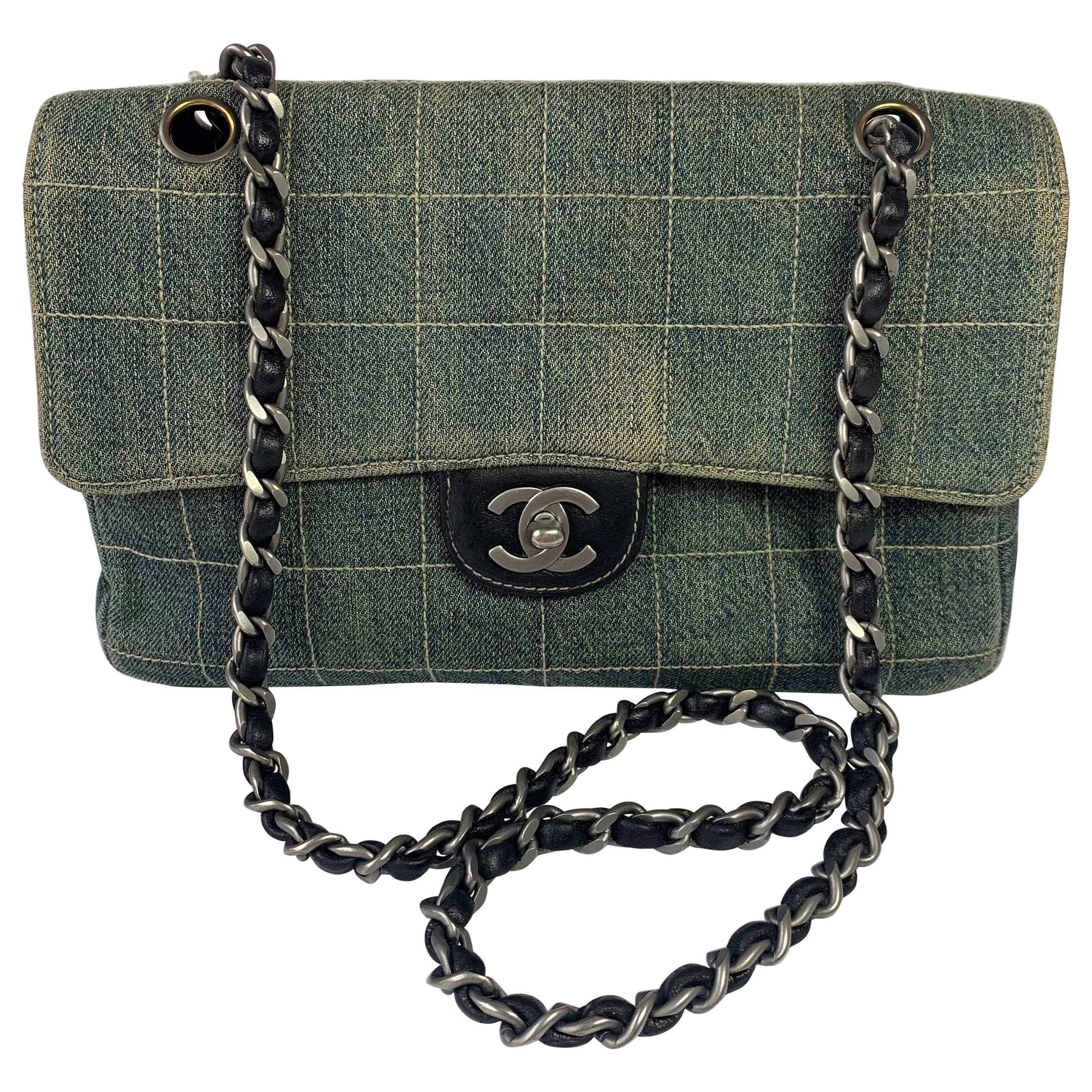 Chanel Ice Cube Chocolate Bar Medium Classic Flap Denim Green