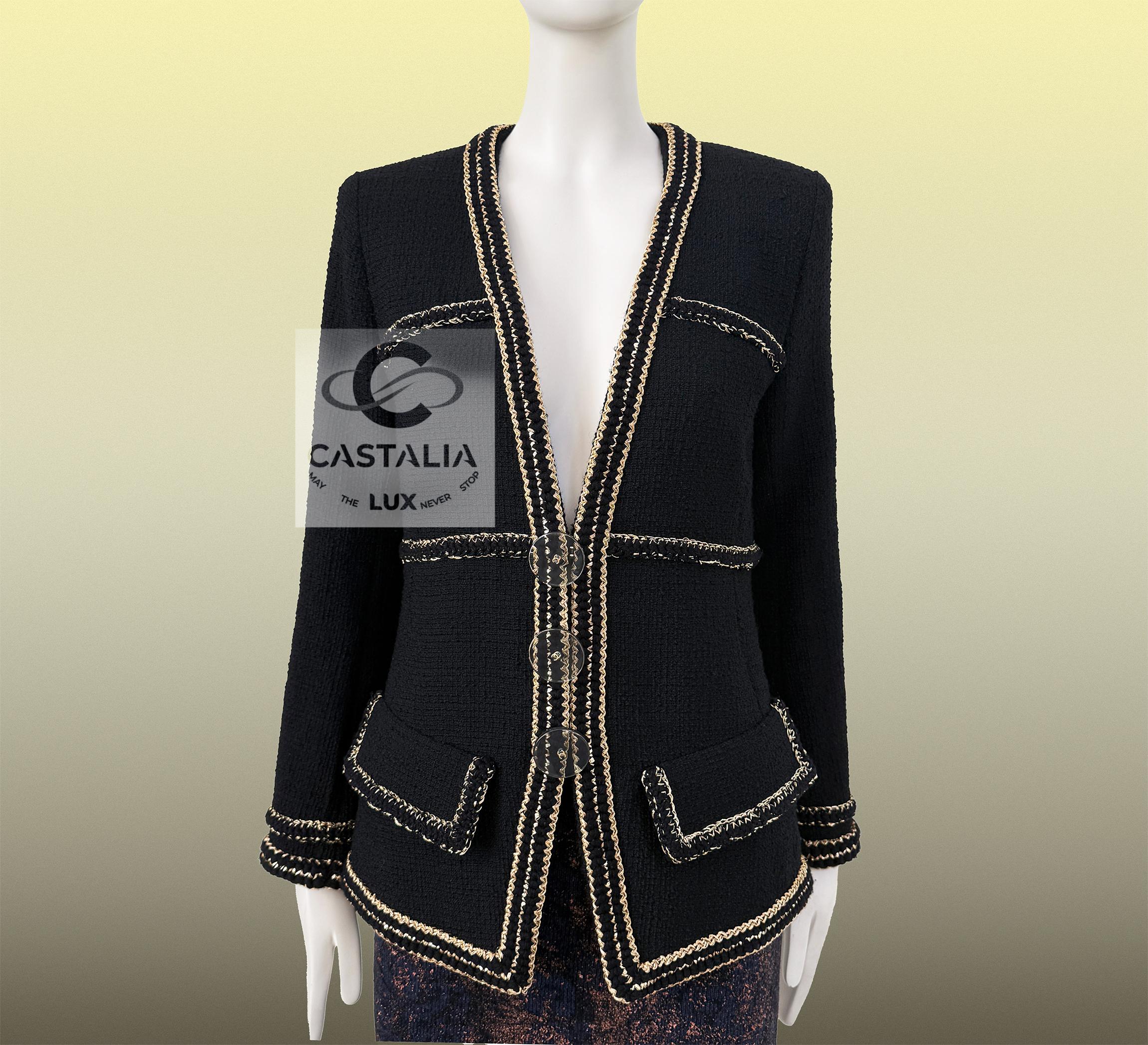 Chanel Icone Paris / Cosmpolite Veste en tweed noir 40 FR en vente 10