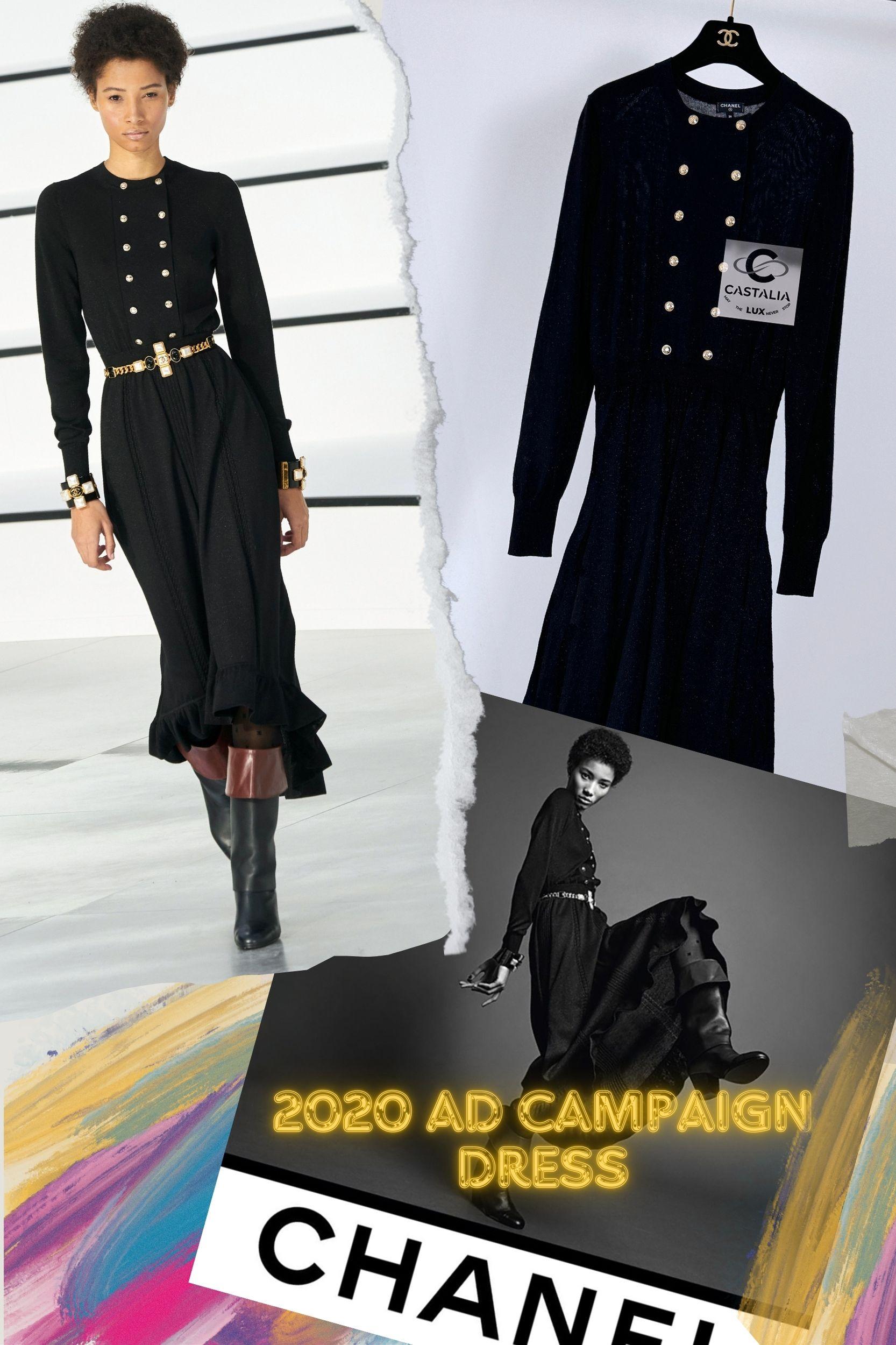 New famous Chanel black shimmering dress from AD Campaign of 2020 Fall Collection by Virginie Viard!
As seen on Ad Billboards all over the world!
- CC logo gold-tone buttons
- flared bottom, tailored waist 
- concealed zip at side
Size mark 34 FR /