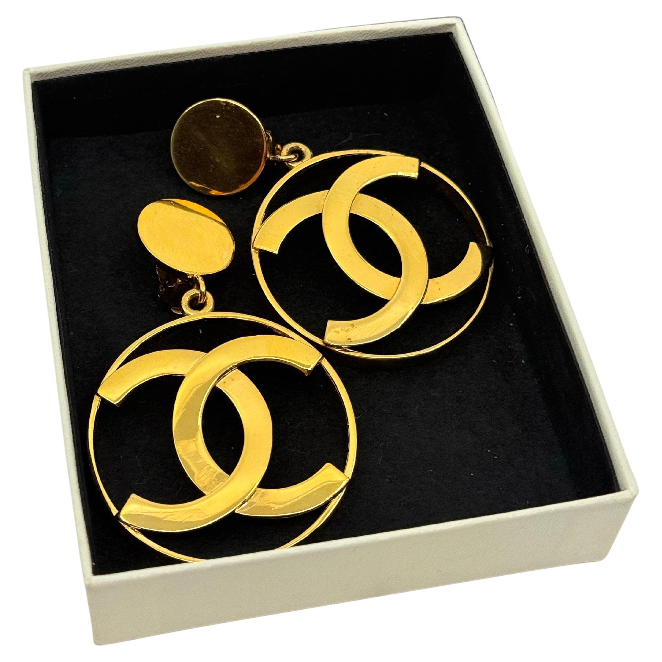 CHANEL Iconic 24K Gold Chanel 1980s Jumbo Interlocking CC Hoop Earrings